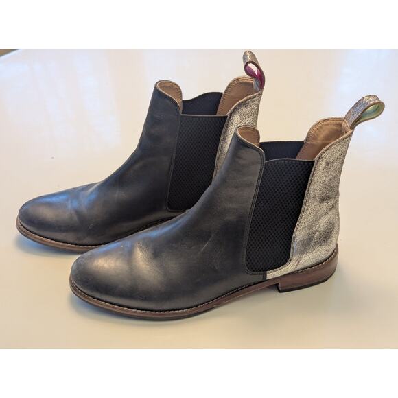 Joules Westbourne Premium Leather Silver Sparkle Metallic Black Chelsea Boots 8 - Picture 1 of 9